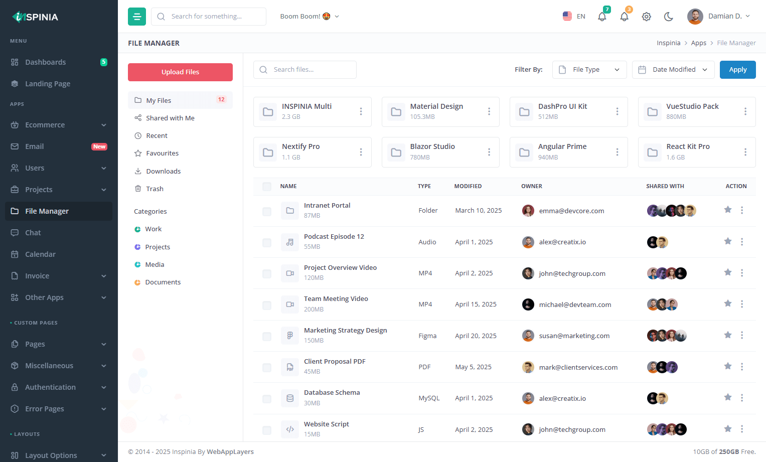 Bootstrap File Manager INSPINIA - Responsive Bootstrap 5 Admin Dashboard